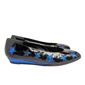 Vintage Beverly Feldman Black patent leather blue metallic star flats womens 8.5